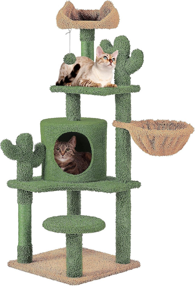 Cactus Cat Tree Tower - 53.5" Multi-Level Playhouse with Scratching Post & Perch
