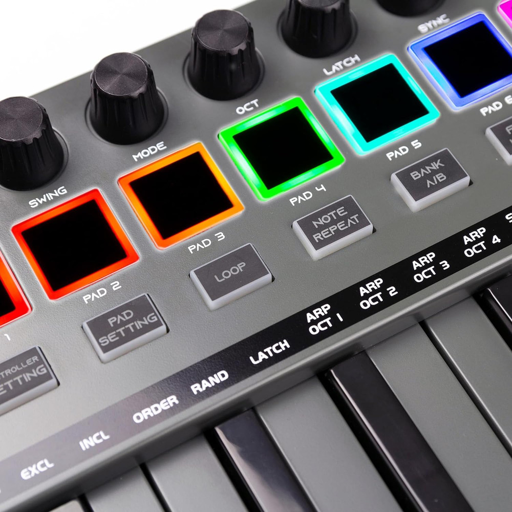 , Go 25 Key USB and Bluetooth MIDI Keyboard Controller with 8 Backlit Drum Pads,