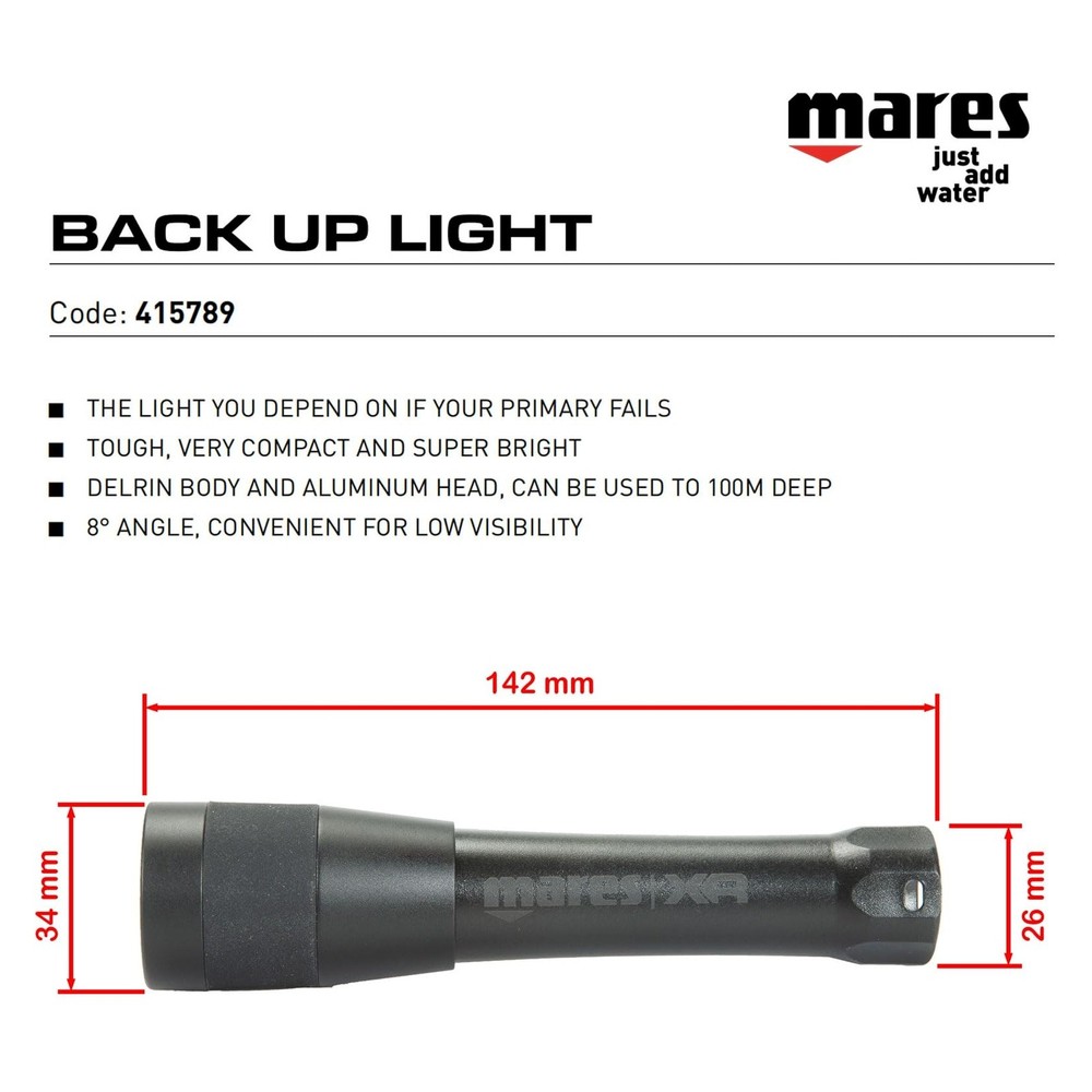 Mares Back Up Light Waterproof Dive Flashlight 100m 2.25h Burn