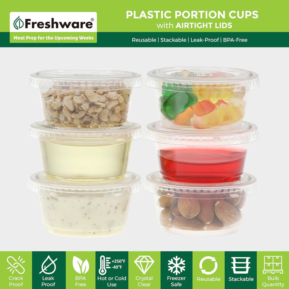 Freshware Plastic Portion Cups with Lids [2 Ounce, 200 Set] Disposable Plastic C