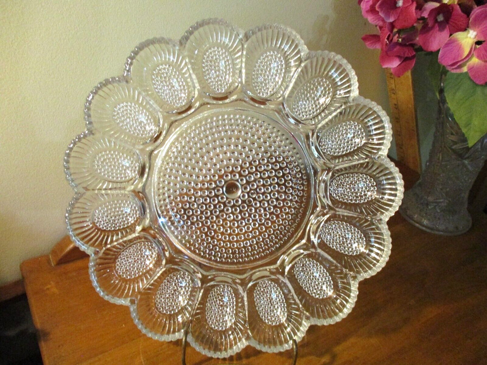 15 DEVILED EGG BEADED HOBNAIL CLEAR GLASS PLATE