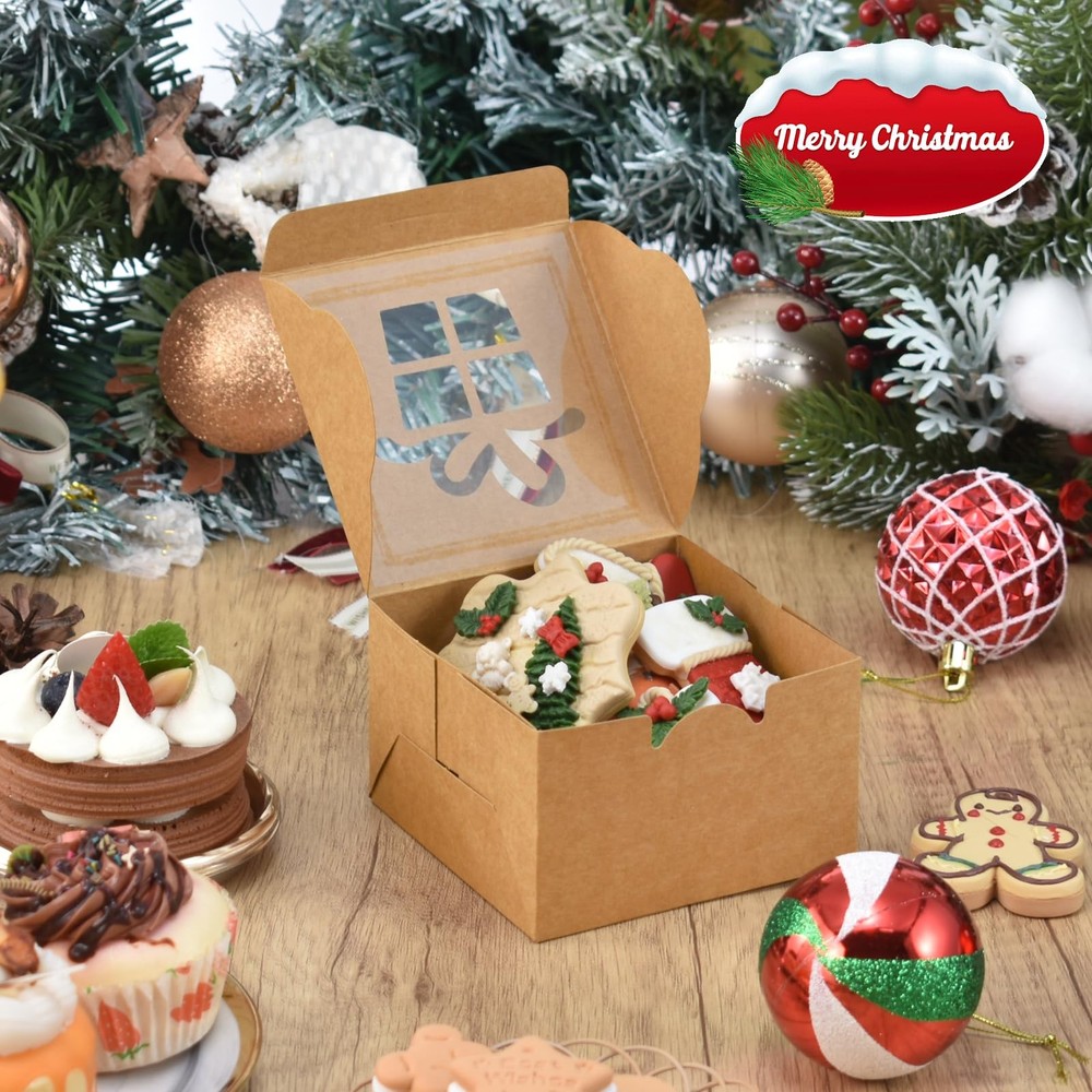 COTOPHER 18Pcs Christmas Cookie Boxes with Window 4x4x2.5 inch Brown Bakery