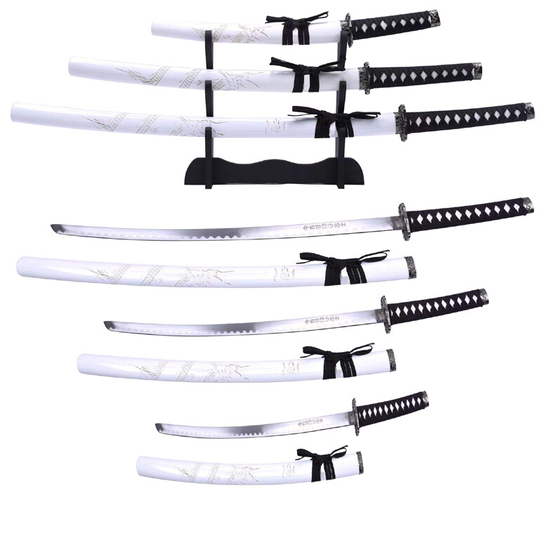 3pc Japanese Samurai Katana Sword Set Dragon Engraved Wooden Sheath w/ Stand Ni