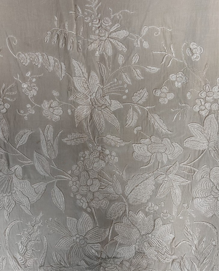 antique silk shawl embroidered white large 26x90 fringe 16 in. original 1800