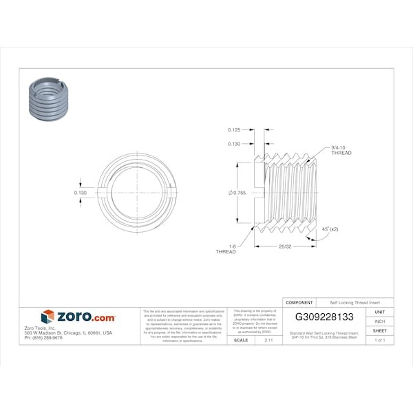 Standard Wall Self Locking Thread Insert, 3/4"-10 Int Thrd Sz, 316 Stainless