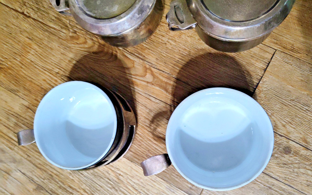 Wiskemann Coffee Tea Maker Silver Plate Drip Pour Over Strainer Ceramic Mug Set