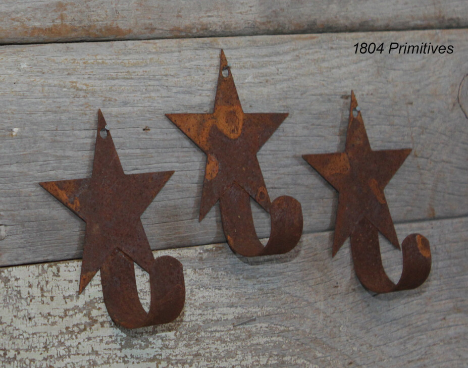 Set of 3 Primitive Rusty Tin Star Wall HOOKS