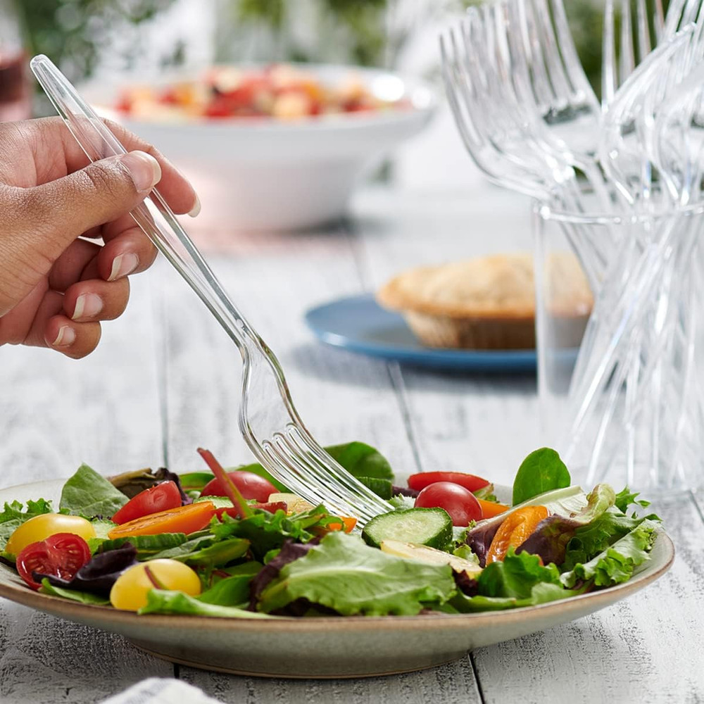 Comfy Package [100 Pack] Heavy Duty Disposable Clear Plastic Forks - Basic Cutle
