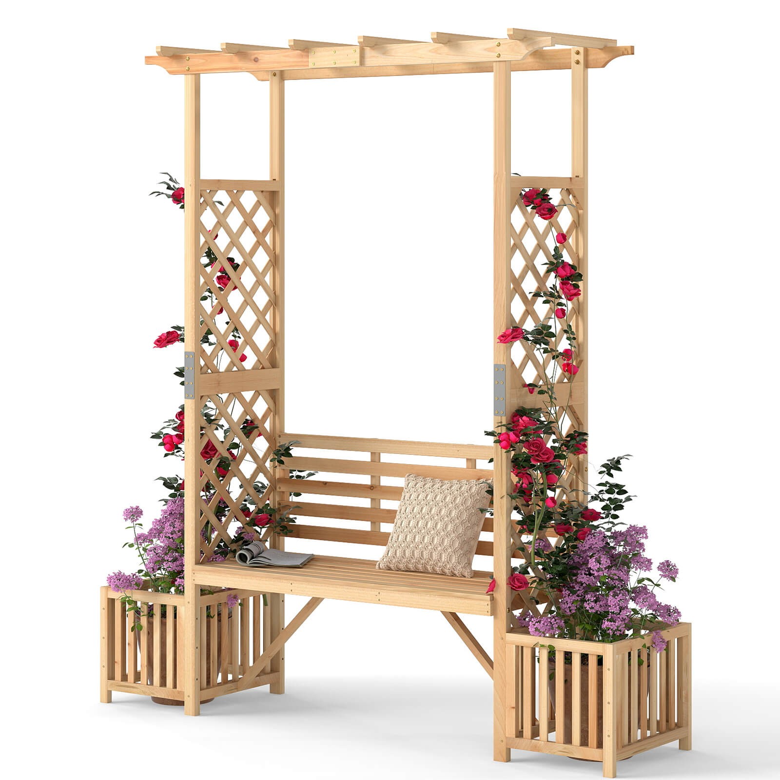 Patio Garden Bench Arbor Arch w/Pergola Planting Box Side Trellis for Vines