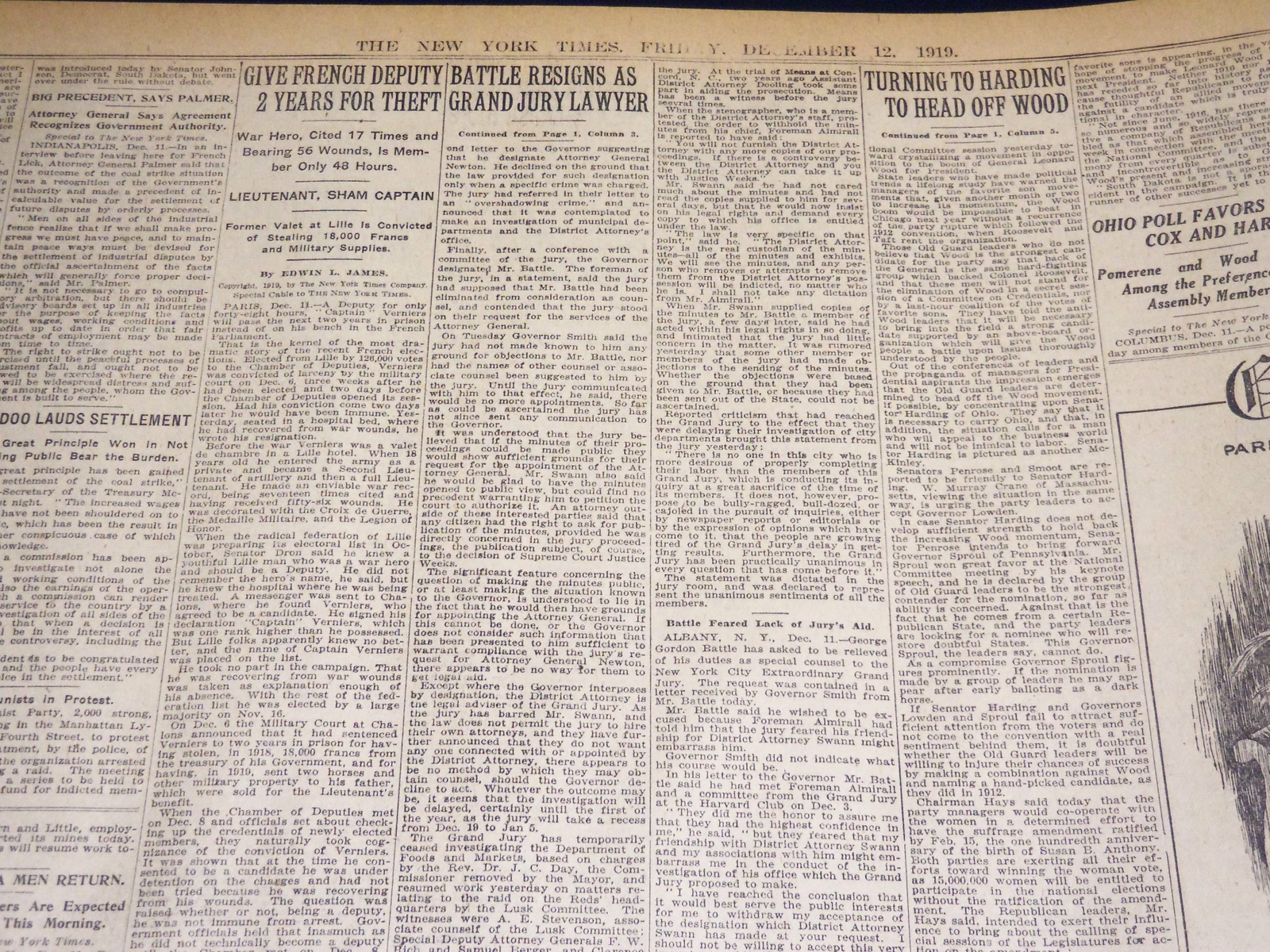1919 DECEMBER 12 NEW YORK TIMES - HOOVER MAY HEAD COAL COMMISSION - NT 7953