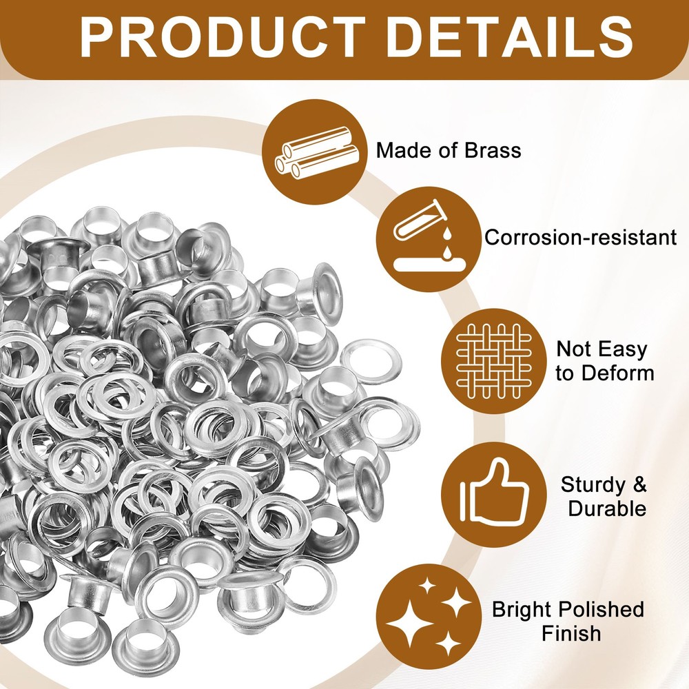 100 Sets Grommets Eyelets, 4.5mm Brass Self Backing Eyelets, Silver Tone