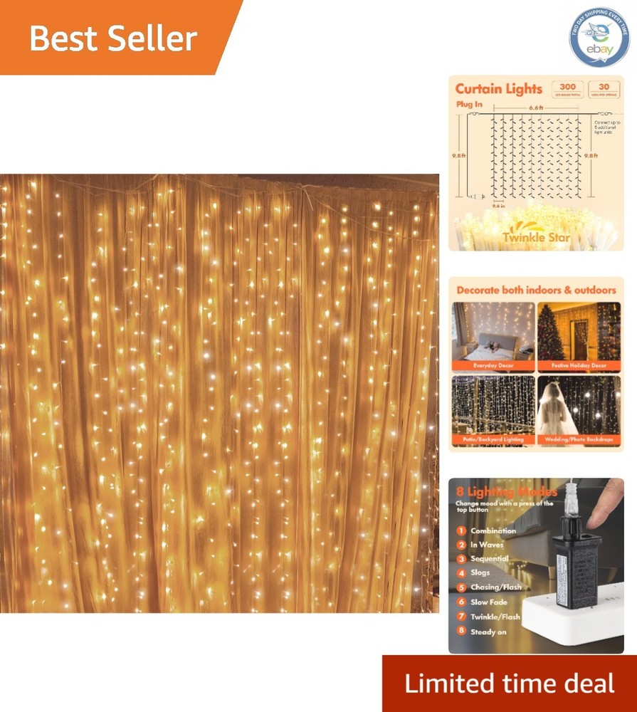 Versatile Waterproof LED String Lights - 300 Warm White, 8 Modes, Remote Control