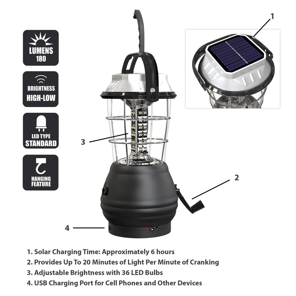 Solar Powered Crank Battery Operated Lantern 36-LED Flashlight Camping