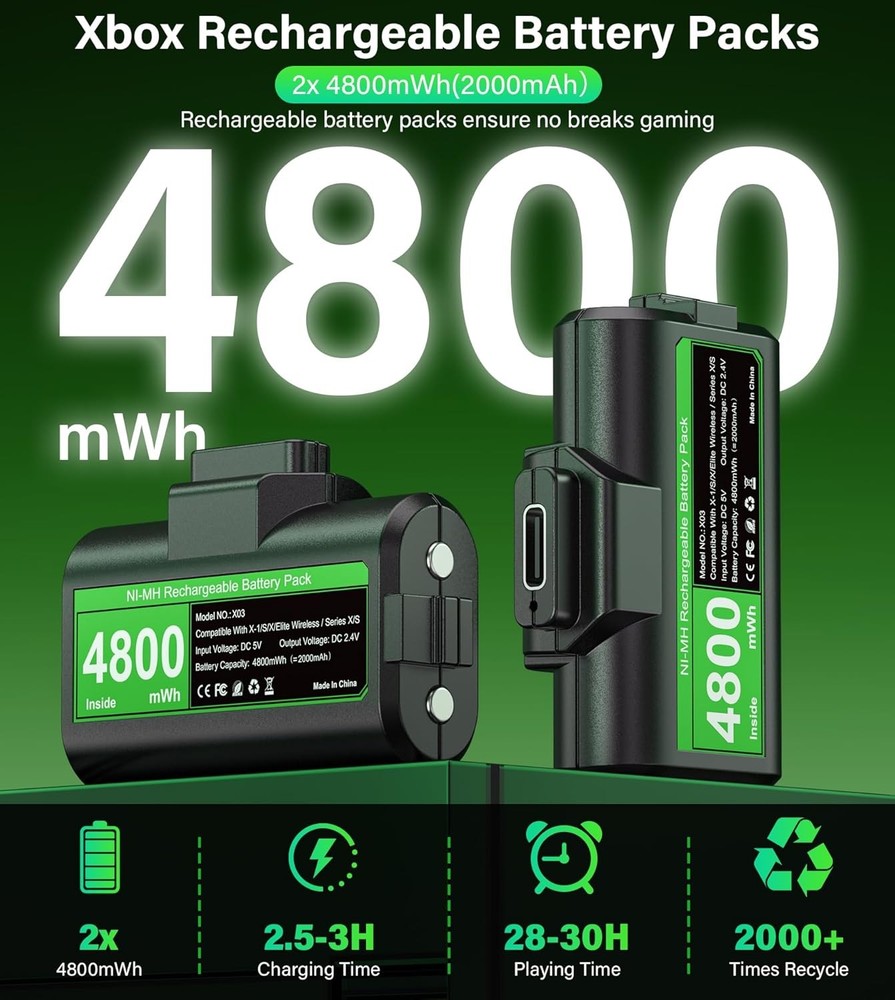 Rechargeable Controller Battery Pack for Xbox,2x4800mWh(2000mAh) Batteries Pack