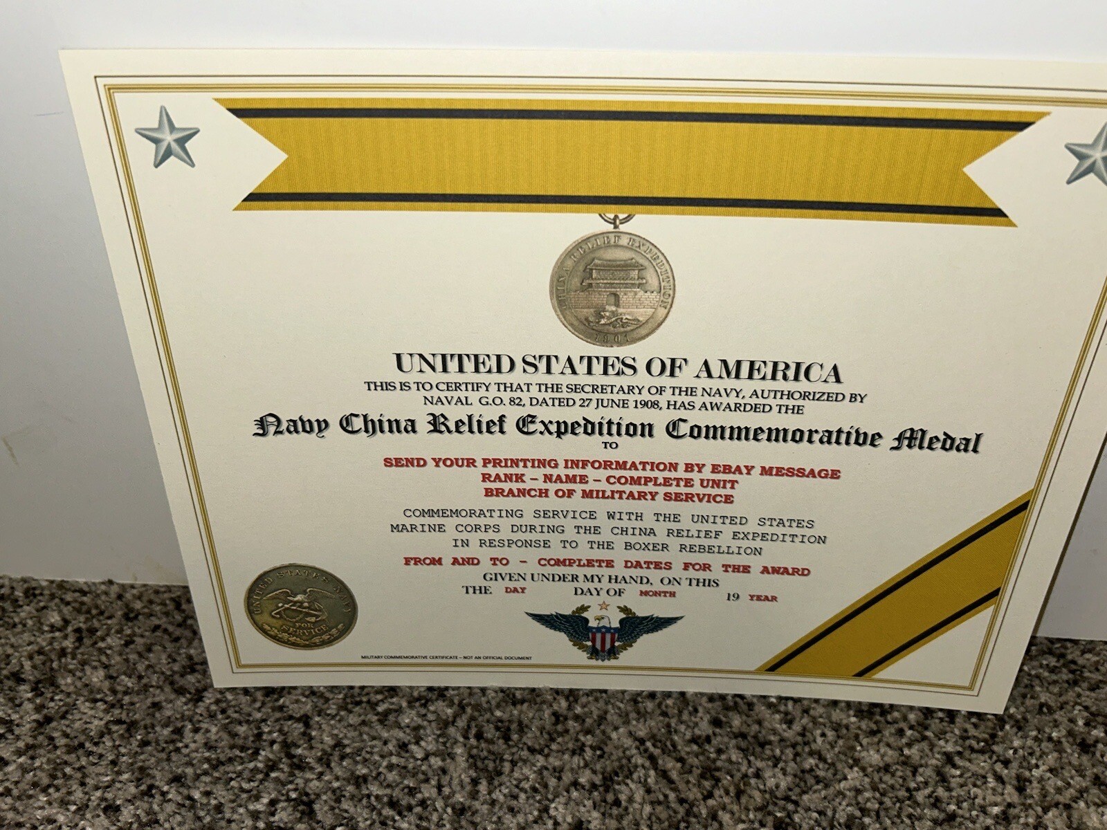 NAVY CHINA RELIEF EXPEDITION COMMEMORATIVE MEDAL CERTIFICATE ~ W/PRINTING TYPE-1