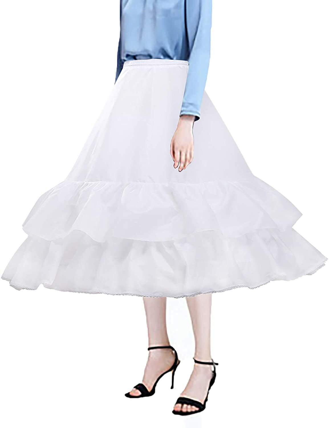 Women Crinoline Petticoat 2 Hoop Skirt 2 Ruffles Layer A-line Slips Underskirt