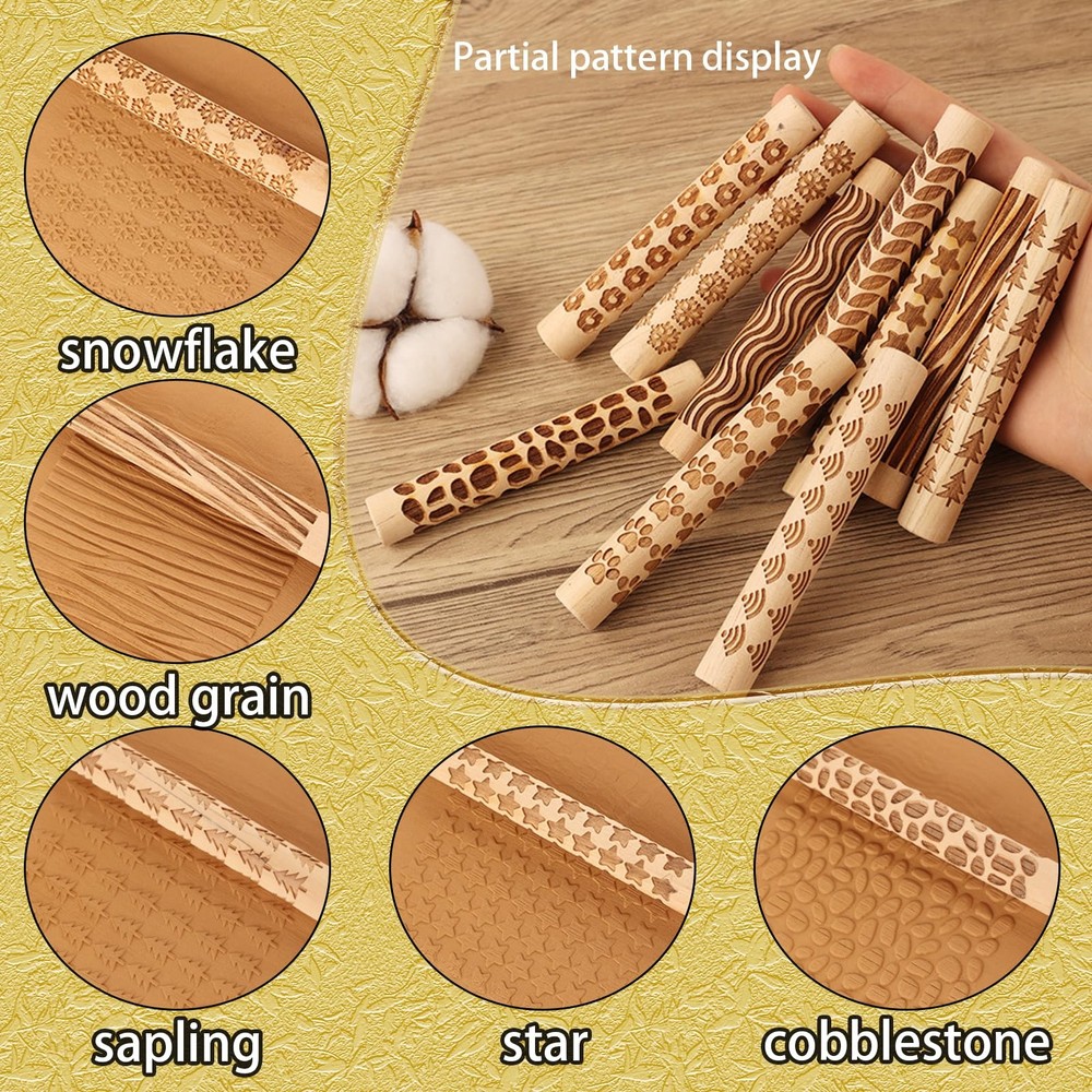 11-Pc Wood Texture Roller Set – Embossed Pattern Clay Rolling Pins & Carved S...