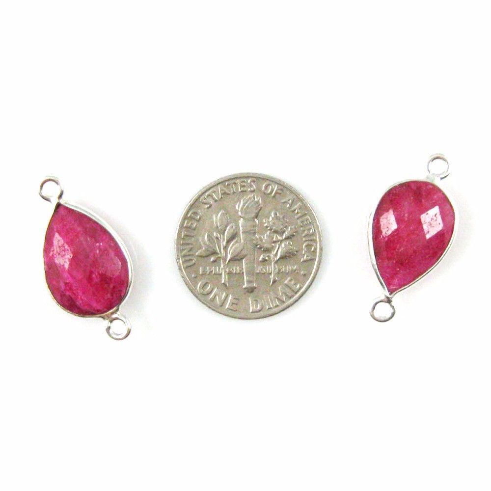 Bezel Gem Links - Sterling Silver - Faceted Teardrop Shape - Dyed Ruby (2 Pcs)
