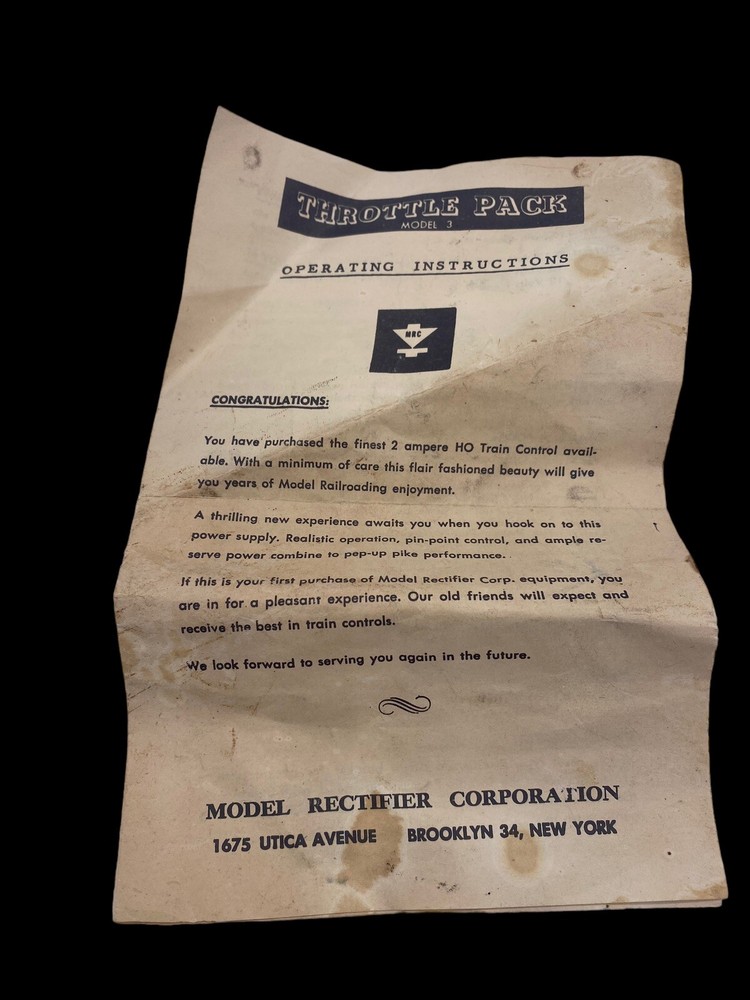 Throttle Pack Rectifier HO Transformer Operating Instructions Manual ONLY Vtg
