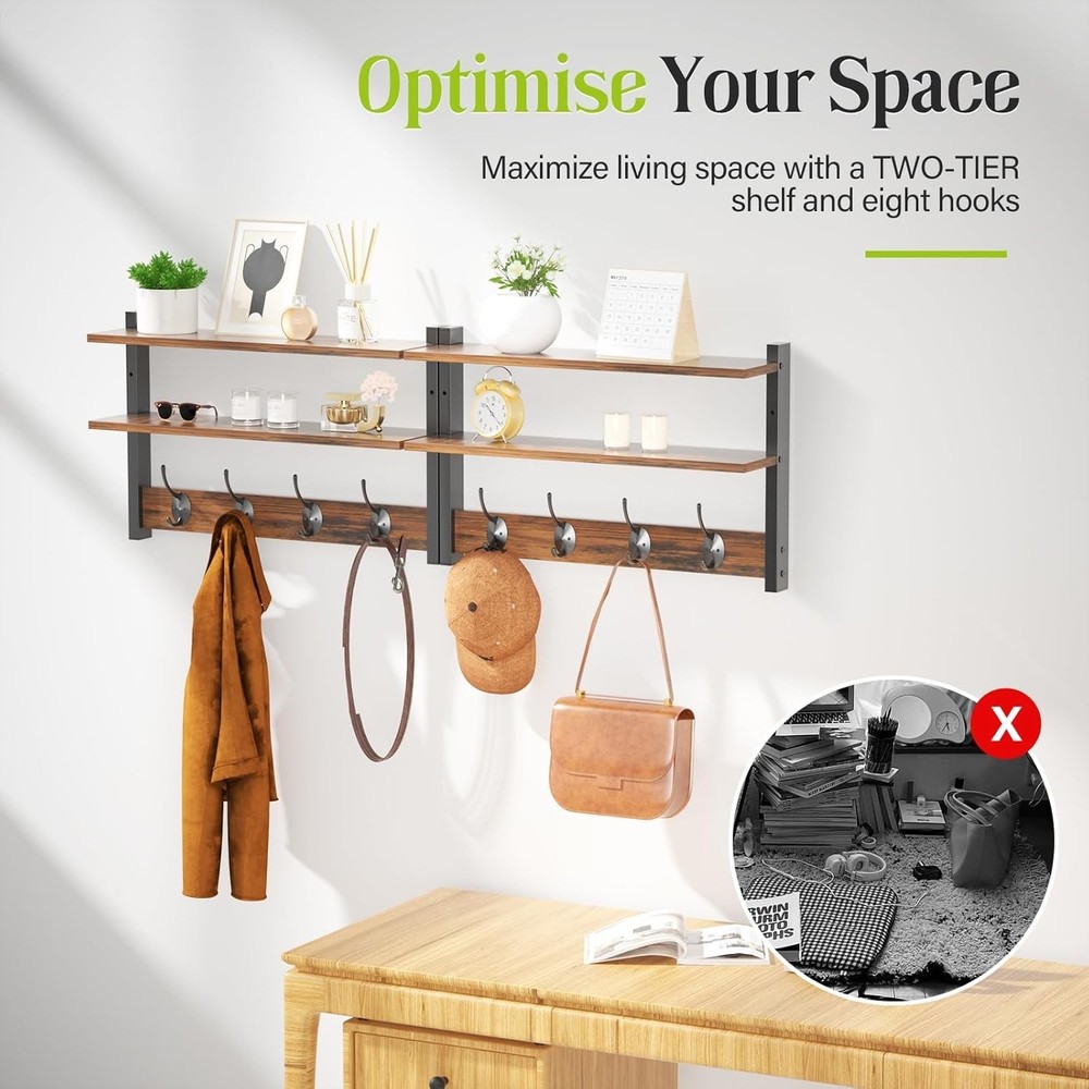 2 Tier Coat Rack Wall Mount with Shelf 33" Hooks Entryway 2 Pack