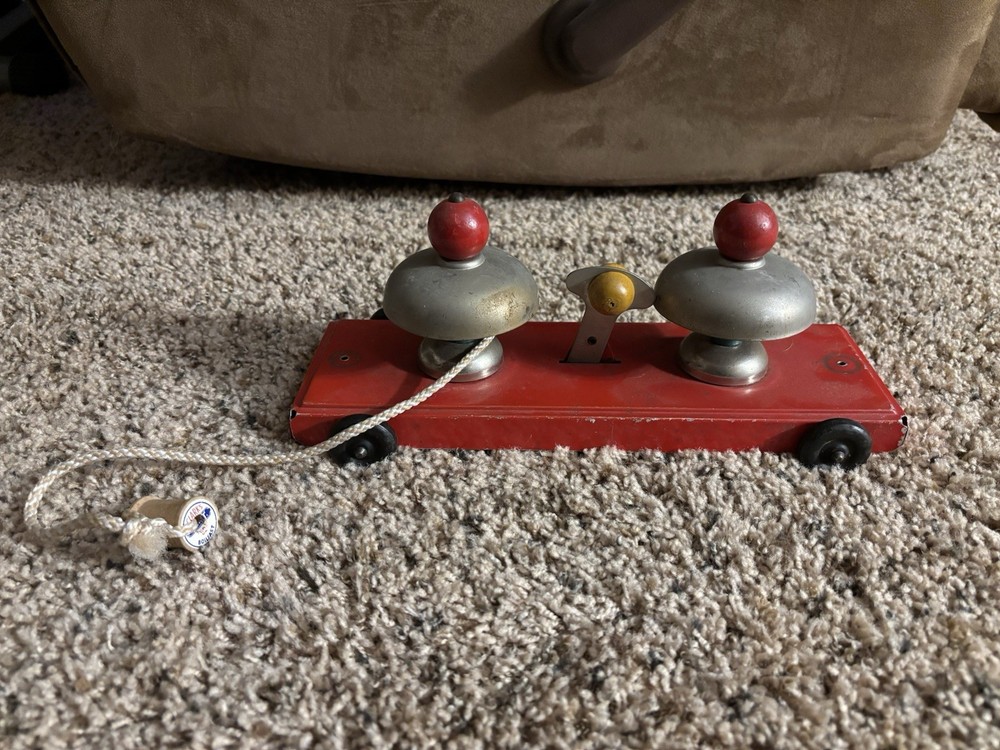 Vintage Pressed Steel Pull Toy - Double Bell  String Marx Red Tin