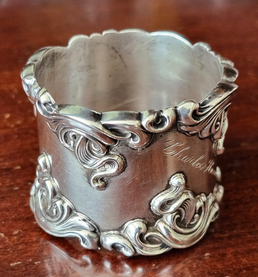 STERLING SILVER LARGE NAPKIN RING ~ ROCOCO ~"CHARLES HAVENS" SCRIPT
