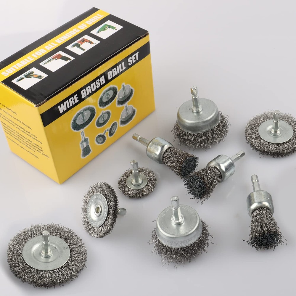 "9PCS Wire Brush Drill Set Wire Cup Brushes 1/4"" Hex Shank Rust Cleaning"