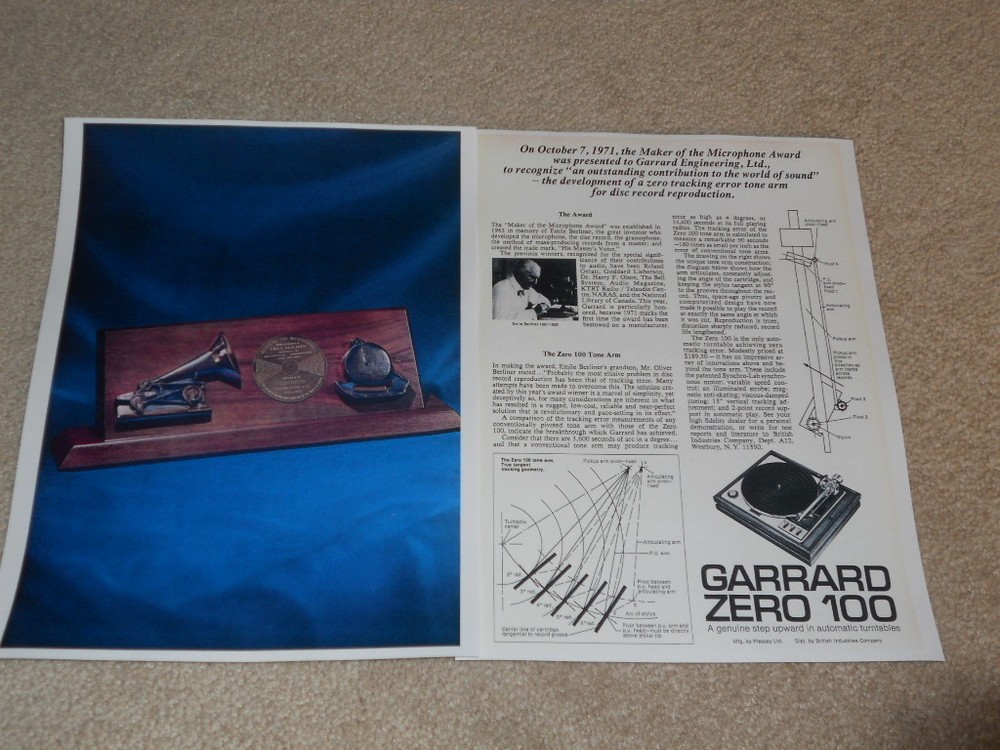 Garrard ZERO 100 Turntable Ad, 1972, 2 pg, Article, Info, Beautiful!