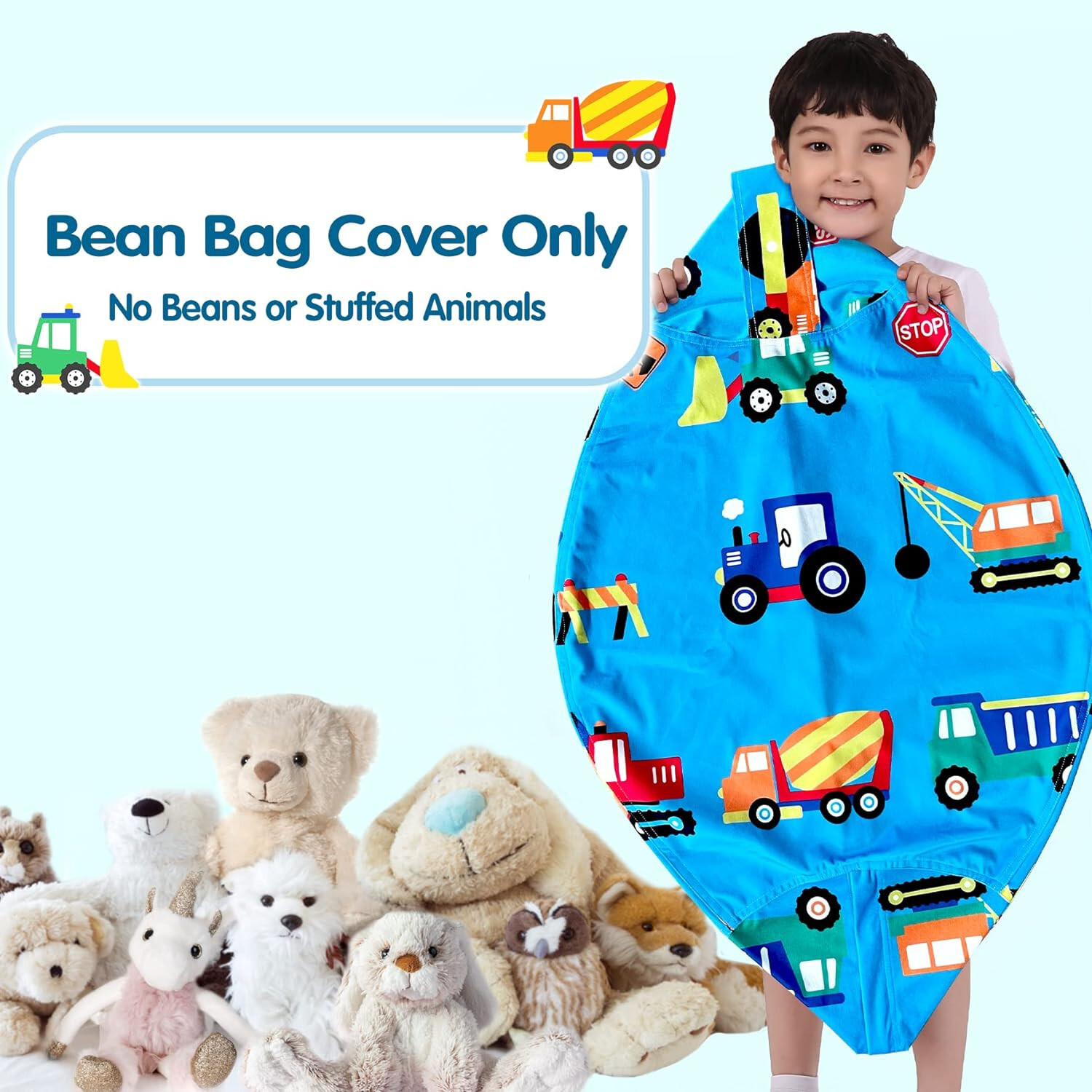 Kids Blue Velvet Bean Bag Cover Plush Stuffable Storage Construction Truck XL