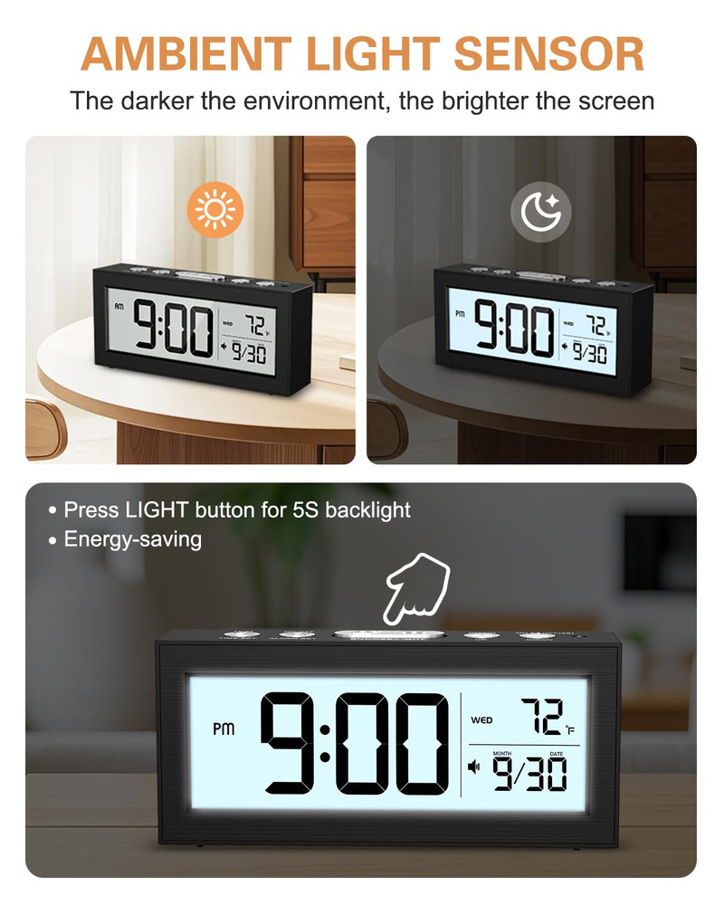 Battery Powered Digital Clock, LCD Digital Clock with Date & Temp Display, 5 Ala