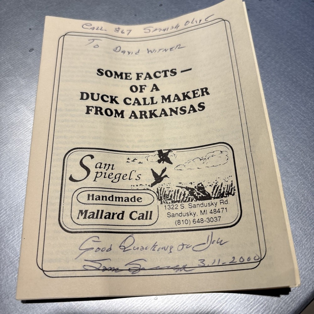 Sam Spiegel Handmade Duck Mallard Call Original Box Papers Numbered signed dated