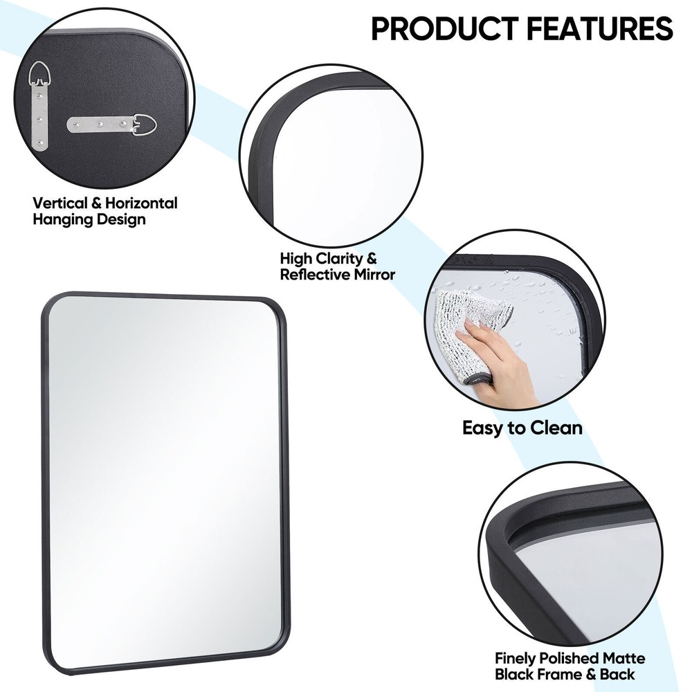 30in Black Metal Frame Wall Mirror for Bathroom Rectangular Vanity Mirror Decor