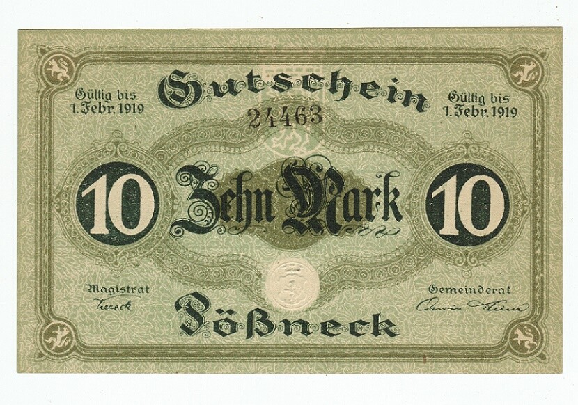 GERMANY BANKNOTE 10 MARK SOSSNECK 1919 UNC