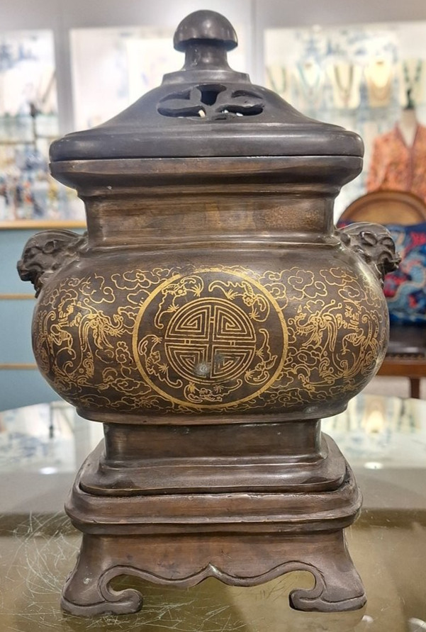 Antique Late Qing Dynasty Bronze Incense Burner-7'' x 12''H