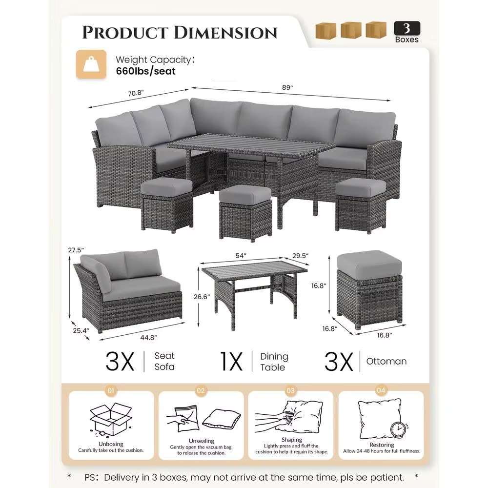 Gray Rattan Patio Furniture Set Sectional Sofa Table Chairs Ottoman Steel Frame