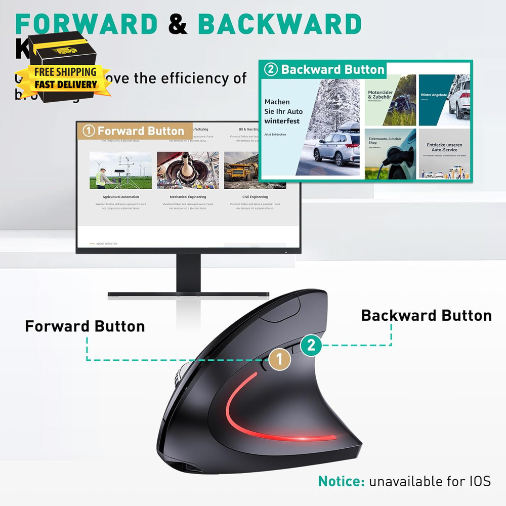 Bluetooth and 2.4G (2-In-1) Rechargeable Wireless Mouse, Ergonomic Vertical Desi