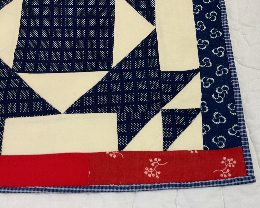 Vintage Antique Patchwork Quilt Table Topper, Triangles, Early Calicos, Navy