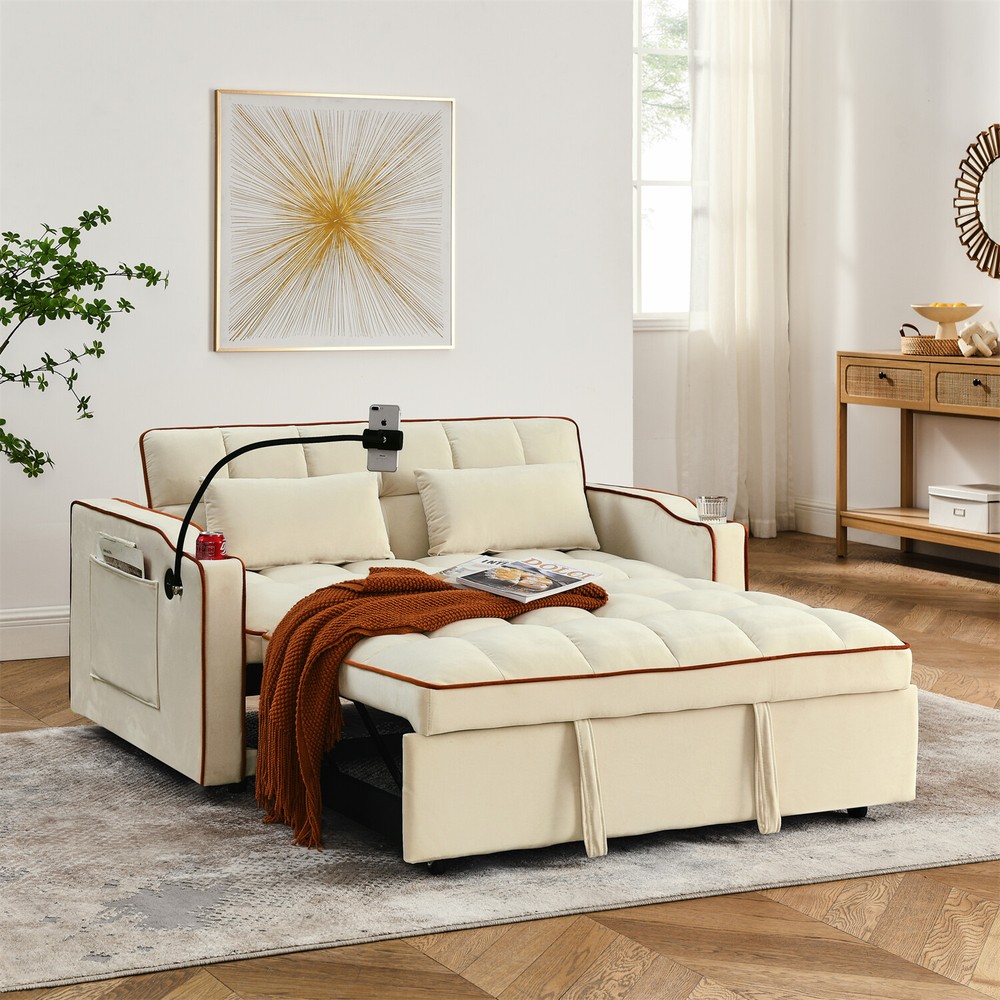 55.5" Velvet Convertible Sleeper Sofa Bed Loveseat Couch with Pull Out Bed Beige