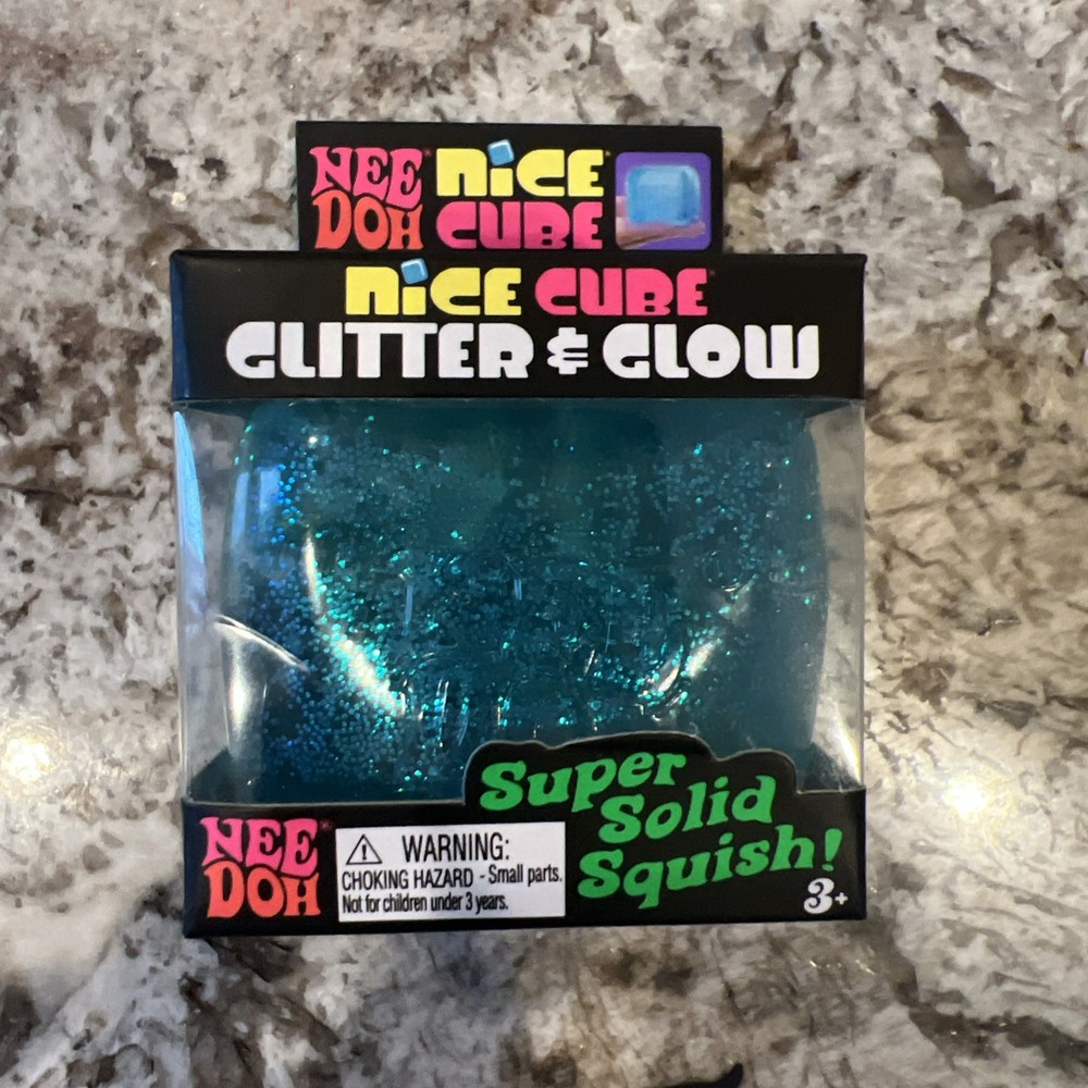Nee Doh Nice Cube Glitter & Glow Super Solid Squeezable NEW NEEDOH VIRAL Blue