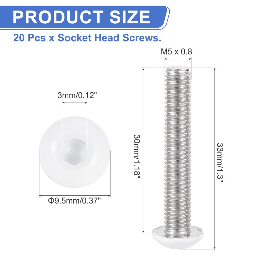 20 Pcs M5-0.8 x 30mm Button Head Socket Cap Screw Machine Screw, White