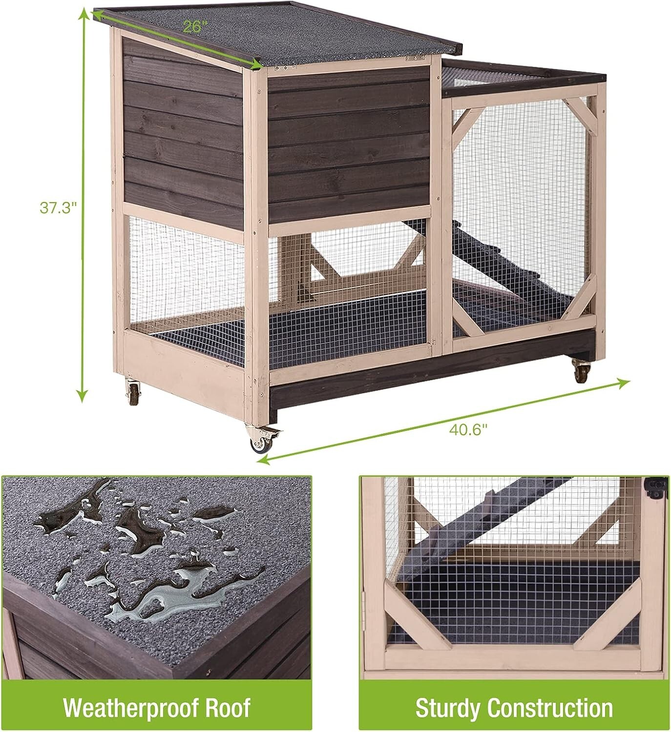 Rabbit Hutch Indoor Outdoor 2 Story Bunny House on Wheels Wooden Rabbit Cage