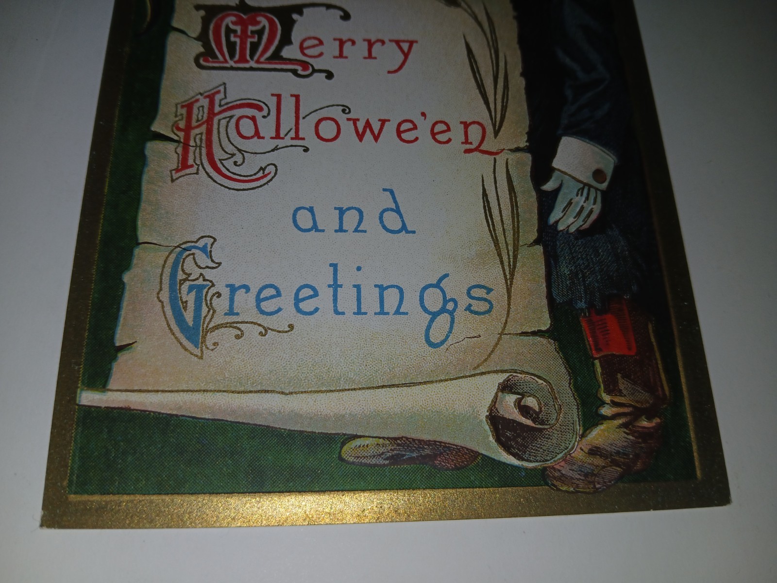 1910 Vintage Original Embossed Halloween Postcard Pumpkin Man & Cat w/Moon
