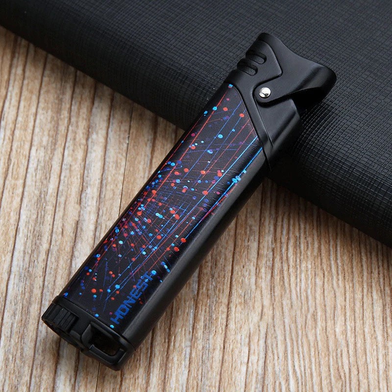 Cigar Lighter With Punch Tool Windproof Blue Flame Refillable Metal Design