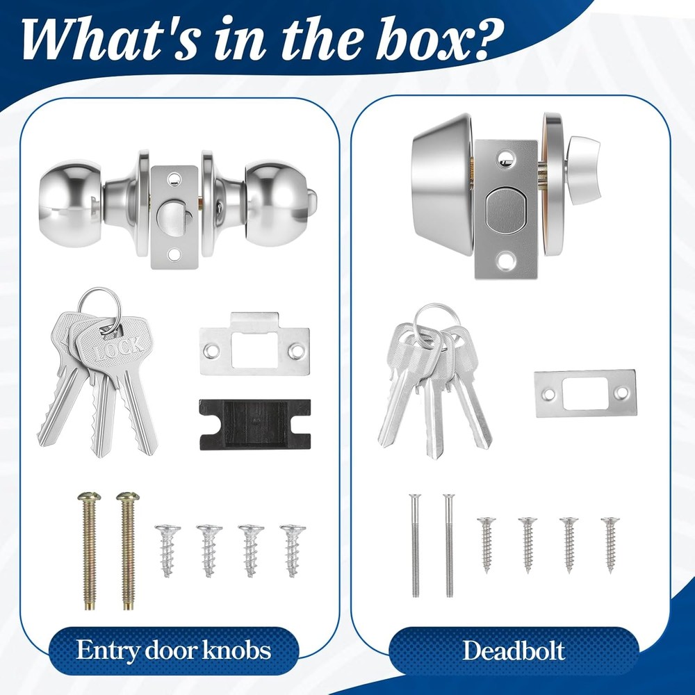 2 Sets Entry Door Knob Dead Bolt Level Locks Combo Set Silver