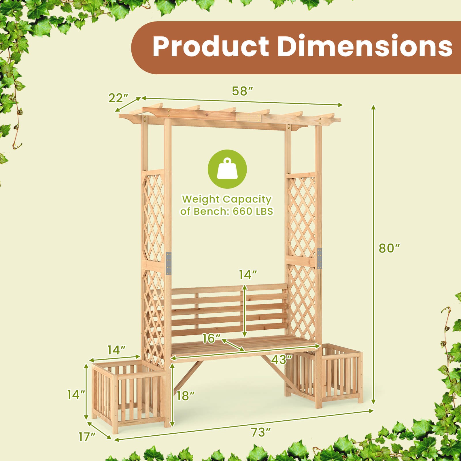 Patio Garden Bench Arbor Arch w/Pergola Planting Box Side Trellis for Vines