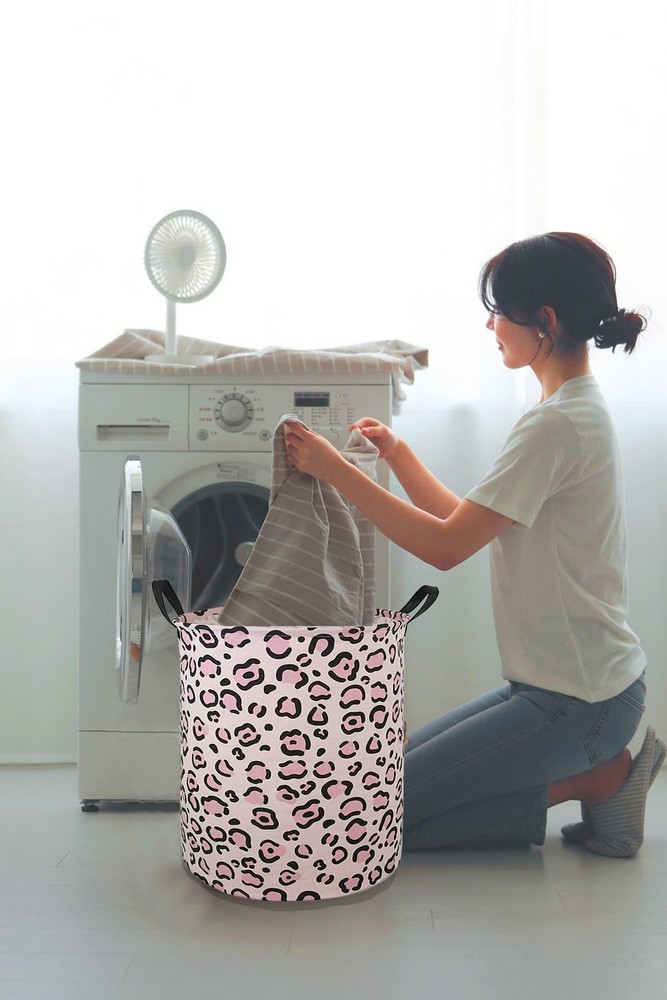 Round Leopard PatternLaundry Hamper Storage Basket Fabric Material Storage Ha...