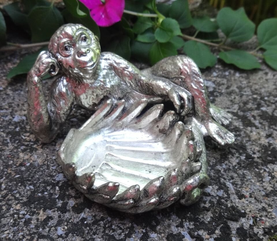 Heavy, Silverplated Reclining Monkey Open Salt Dip, Cellar, Dish!