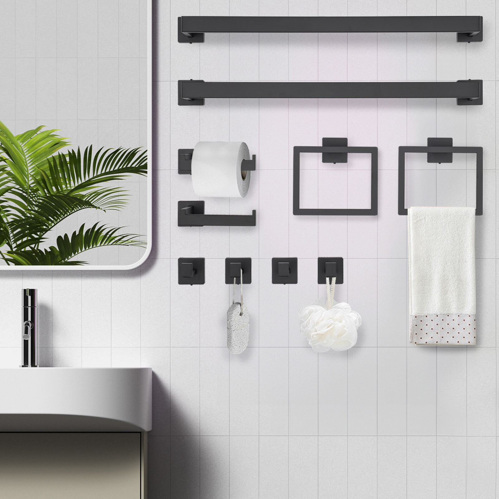 10-piece Matte Black Bathroom Accessories Set Wall Mounted Bathroom Towel Bars