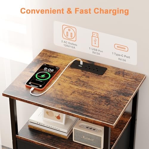 Nightstand with Charging Station, Bedsid End Table with 2 Fabric Drawer for
