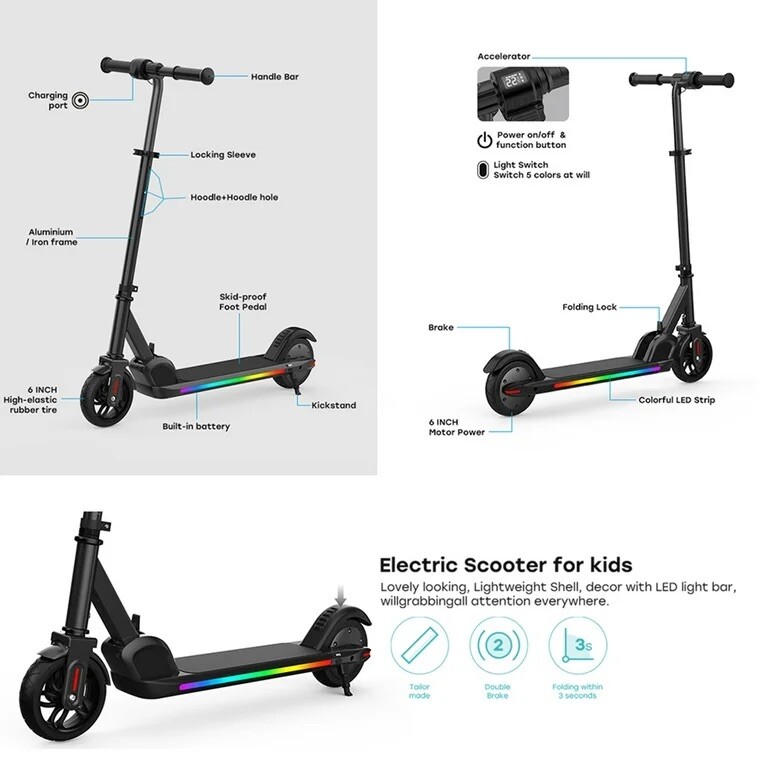 Electric Foldable Scooter, Led Customizable Lights, Adjustable Height And Speed